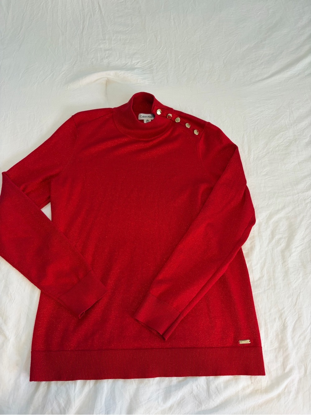 Calvin Klein Red Turtleneck Sweater with Gold Shoulder Buttons
